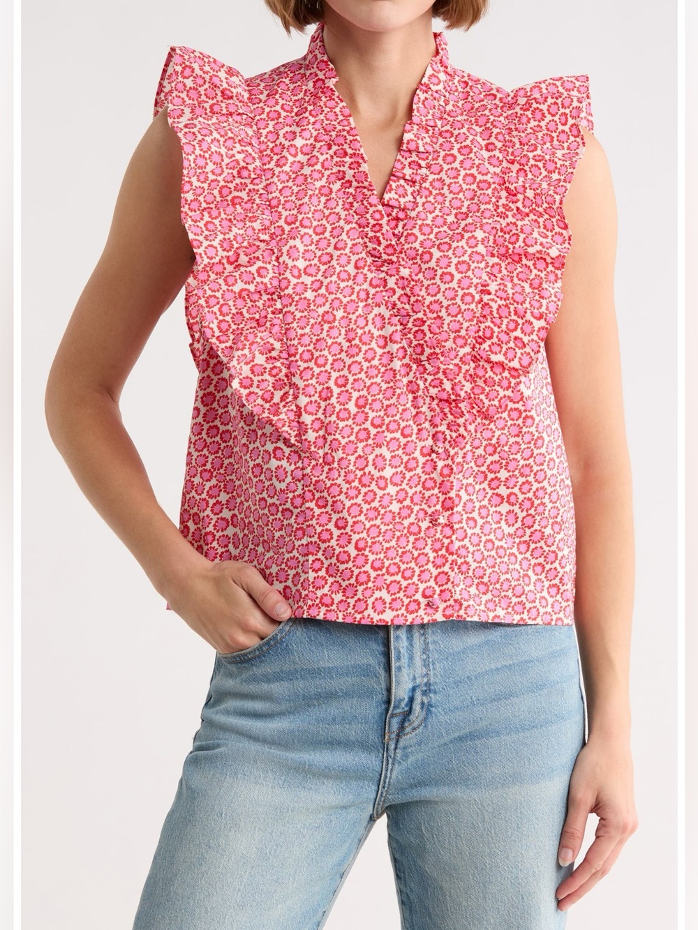 Frnch Paris Pink Floral Ruffle V-Neck Blouse